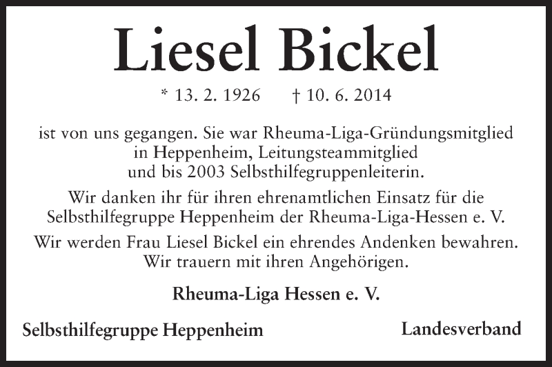  Traueranzeige für Liesel Bickel vom 14.06.2014 aus Starkenburger Echo