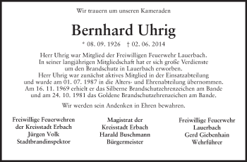 Traueranzeige von Bernhard Uhrig von Odenwälder Echo