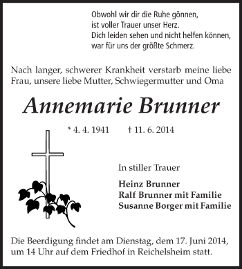Traueranzeige von Annemarie Brunner von Odenwälder Echo