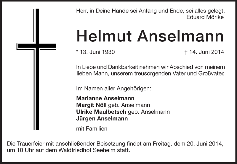  Traueranzeige für Helmut Anselmann vom 16.06.2014 aus Echo-Zeitungen (Gesamtausgabe)
