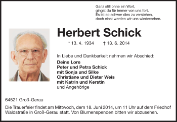 Traueranzeige von Herbert Schick von Rüsselsheimer Echo, Groß-Gerauer-Echo, Ried Echo