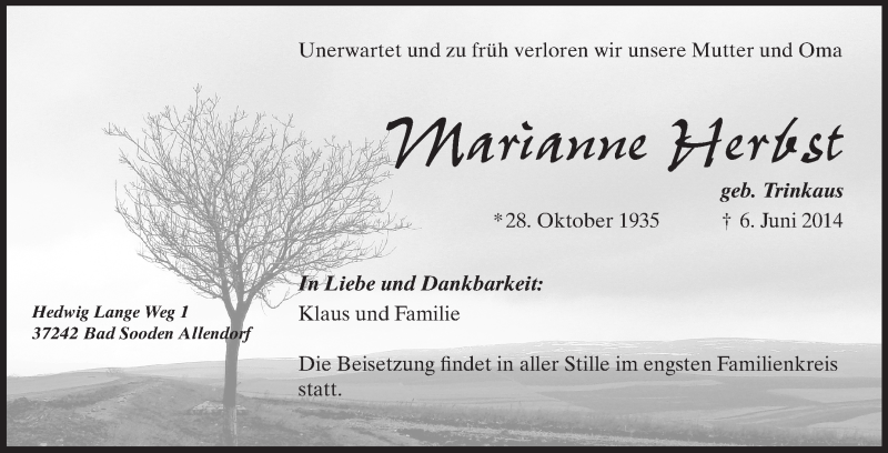  Traueranzeige für Marianne Herbst vom 18.06.2014 aus Rüsselsheimer Echo, Groß-Gerauer-Echo, Ried Echo