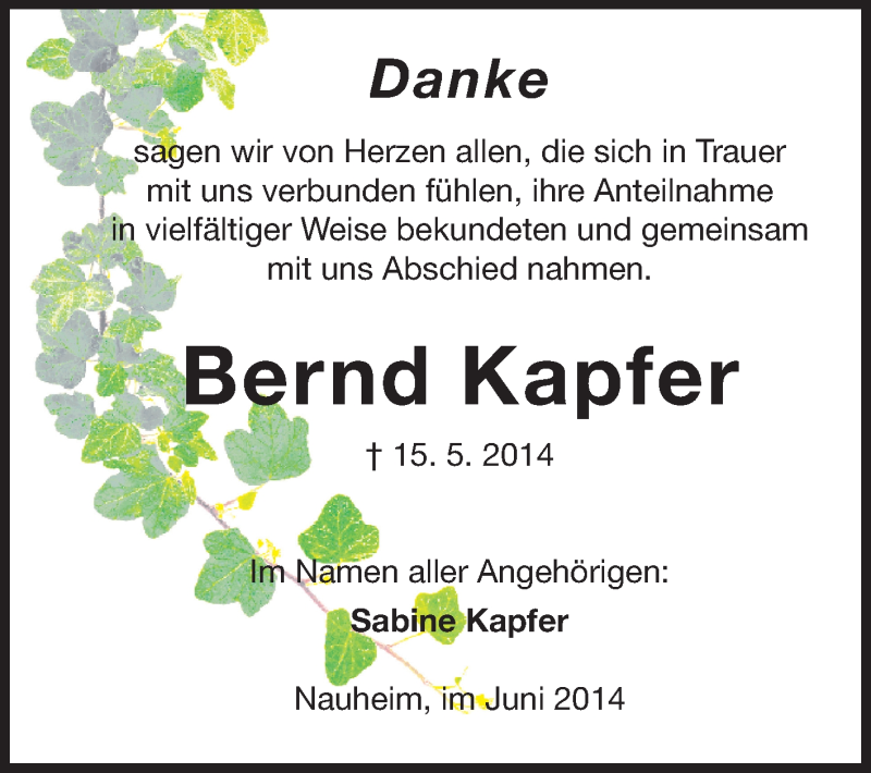  Traueranzeige für Bernd Kapfer vom 21.06.2014 aus Rüsselsheimer Echo, Groß-Gerauer-Echo, Ried Echo