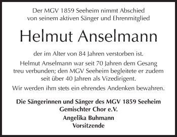 Traueranzeige von Helmut Anselmann von Echo-Zeitungen (Gesamtausgabe)