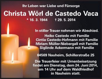Traueranzeige von Christa Wörl de Castedo Vaca von Rüsselsheimer Echo, Groß-Gerauer-Echo, Ried Echo