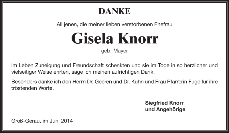  Traueranzeige für Gisela Knorr vom 17.06.2014 aus Rüsselsheimer Echo, Groß-Gerauer-Echo, Ried Echo