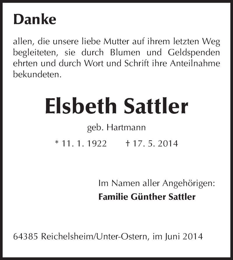  Traueranzeige für Elsbeth Sattler vom 21.06.2014 aus Odenwälder Echo