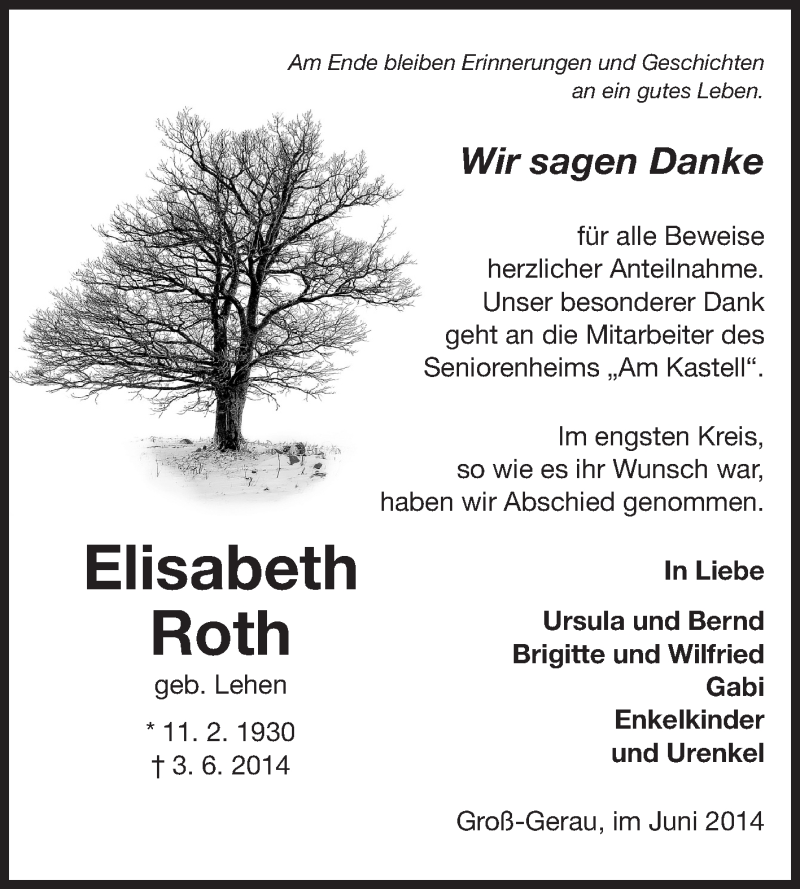  Traueranzeige für Elisabeth Roth vom 21.06.2014 aus Rüsselsheimer Echo, Groß-Gerauer-Echo, Ried Echo