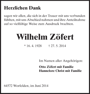 Traueranzeige von Wilhelm Zöfert von Rüsselsheimer Echo, Groß-Gerauer-Echo, Ried Echo