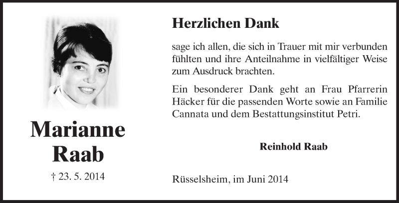  Traueranzeige für Marianne Raab vom 18.06.2014 aus Rüsselsheimer Echo, Groß-Gerauer-Echo, Ried Echo