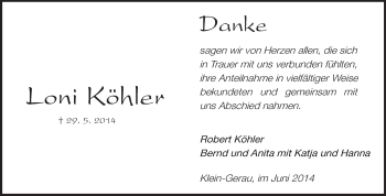 Traueranzeige von Loni Köhler von Rüsselsheimer Echo, Groß-Gerauer-Echo, Ried Echo