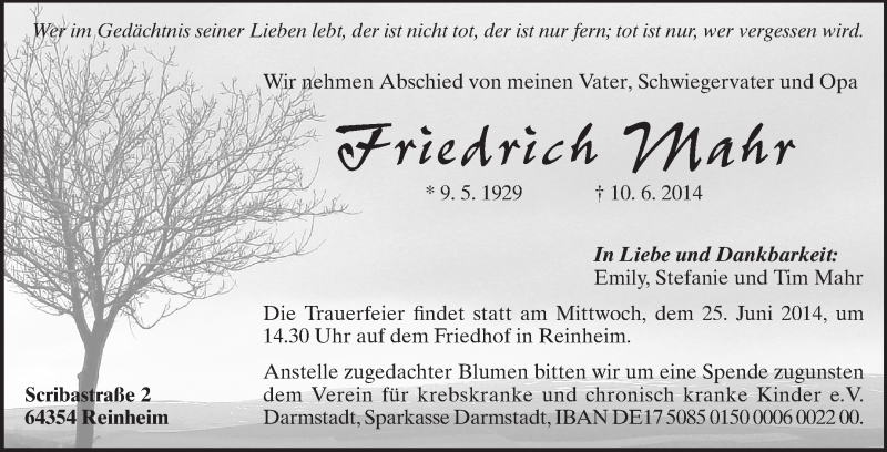  Traueranzeige für Friedrich Mahr vom 21.06.2014 aus Darmstädter Echo, Odenwälder Echo, Rüsselsheimer Echo, Groß-Gerauer-Echo, Ried Echo