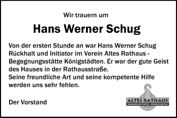 Traueranzeige von Hans Werner Schug von Rüsselsheimer Echo, Groß-Gerauer-Echo, Ried Echo