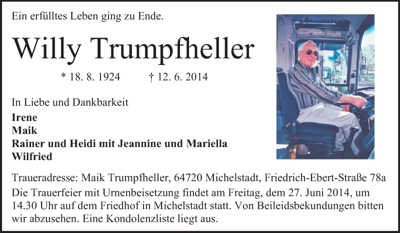  Traueranzeige für Willy Trumpfheller vom 18.06.2014 aus Odenwälder Echo