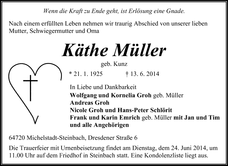  Traueranzeige für Käthe Müller vom 18.06.2014 aus Odenwälder Echo