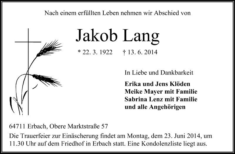  Traueranzeige für Jakob Lang vom 18.06.2014 aus Odenwälder Echo