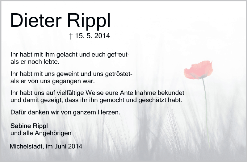  Traueranzeige für Dieter Rippl vom 18.06.2014 aus Odenwälder Echo