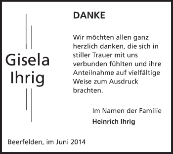 Traueranzeige von Gisela Ihrig von Odenwälder Echo