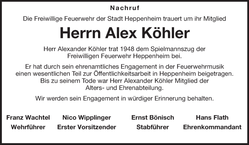  Traueranzeige für Alex Köhler vom 18.06.2014 aus Starkenburger Echo