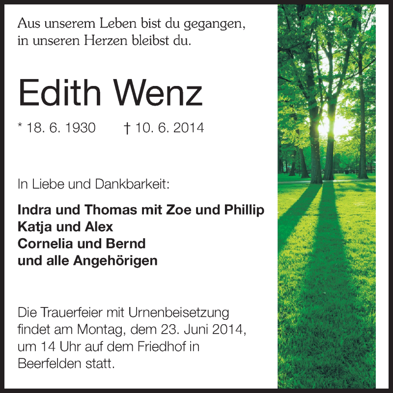  Traueranzeige für Edith Wenz vom 20.06.2014 aus Odenwälder Echo