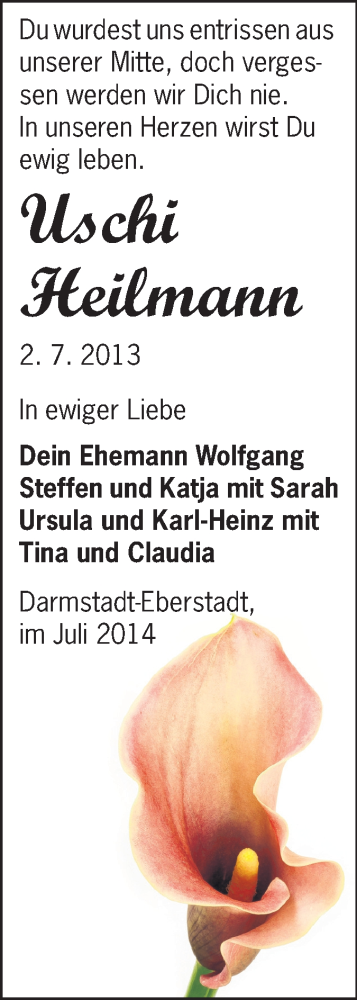  Traueranzeige für Uschi Heilmann vom 02.07.2014 aus Echo-Zeitungen (Gesamtausgabe)