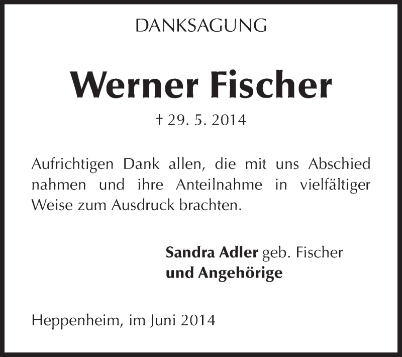  Traueranzeige für Werner Fischer vom 20.06.2014 aus Starkenburger Echo