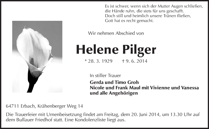  Traueranzeige für Helene Pilger vom 18.06.2014 aus Odenwälder Echo