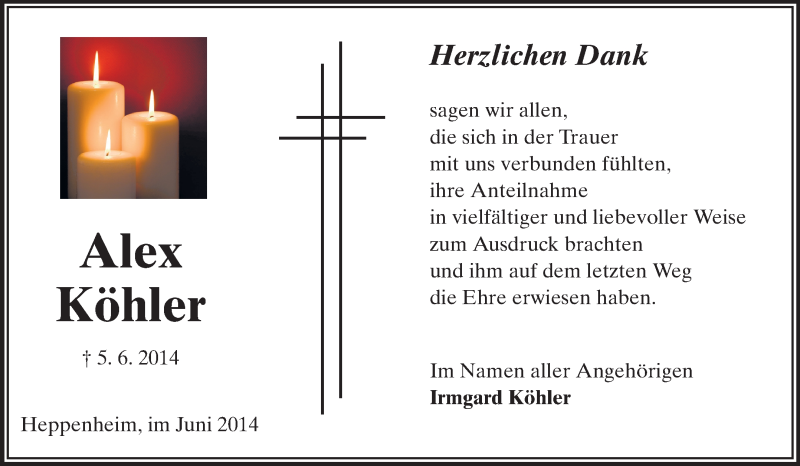  Traueranzeige für Alex Köhler vom 21.06.2014 aus Starkenburger Echo