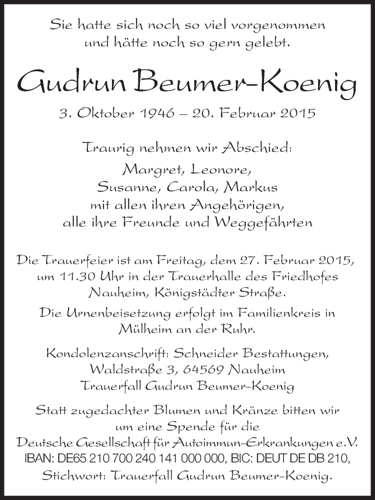  Traueranzeige für Gudrun Beumer-König vom 25.02.2015 aus Rüsselsheimer Echo, Groß-Gerauer-Echo, Ried Echo