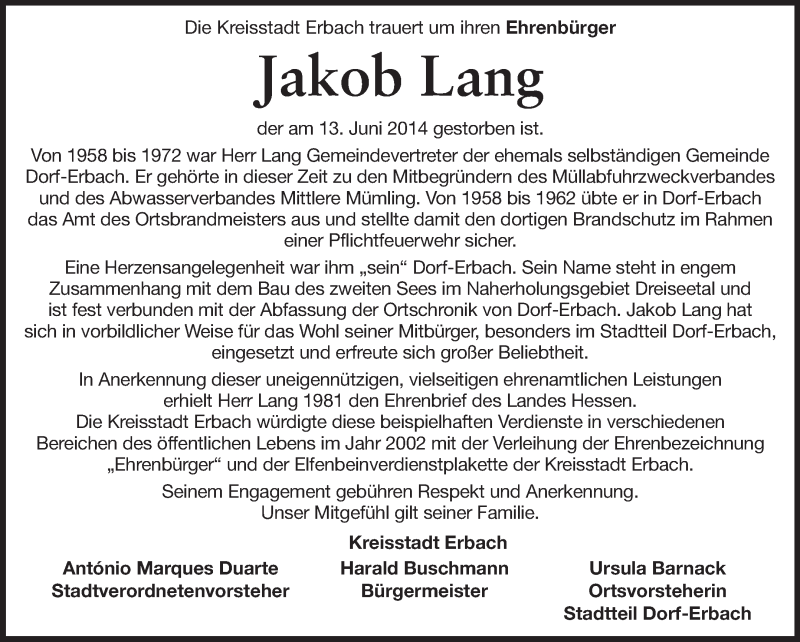  Traueranzeige für Jakob Lang vom 20.06.2014 aus Odenwälder Echo