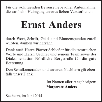 Traueranzeige von Ernst Anders von Echo-Zeitungen (Gesamtausgabe)