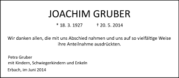 Traueranzeige von Joachim Gruber von Odenwälder Echo