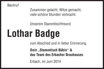 Traueranzeige von Lothar Badge von Odenwälder Echo