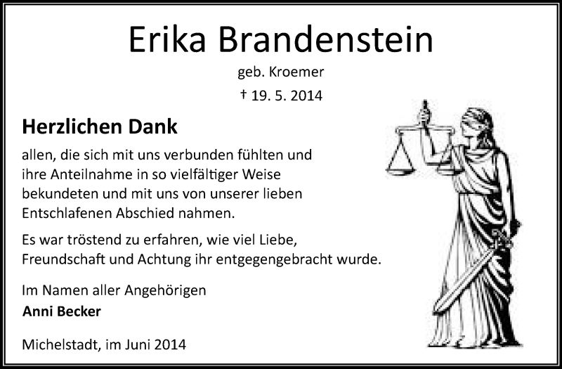  Traueranzeige für Erika Brandenstein vom 21.06.2014 aus Odenwälder Echo
