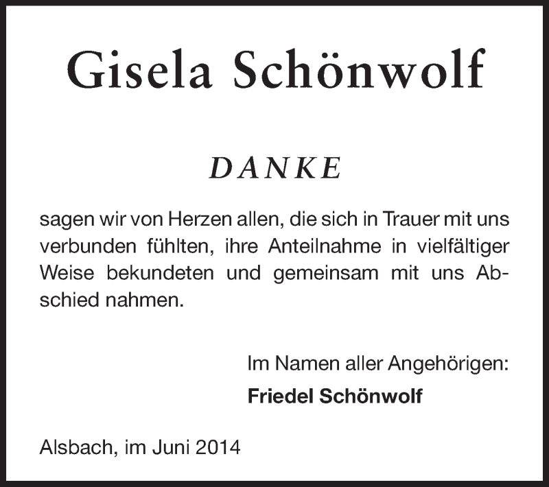  Traueranzeige für Gisela Schönwolf vom 21.06.2014 aus Echo-Zeitungen (Gesamtausgabe)