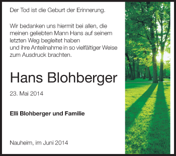 Traueranzeige von Hans Blohberger von Rüsselsheimer Echo, Groß-Gerauer-Echo, Ried Echo