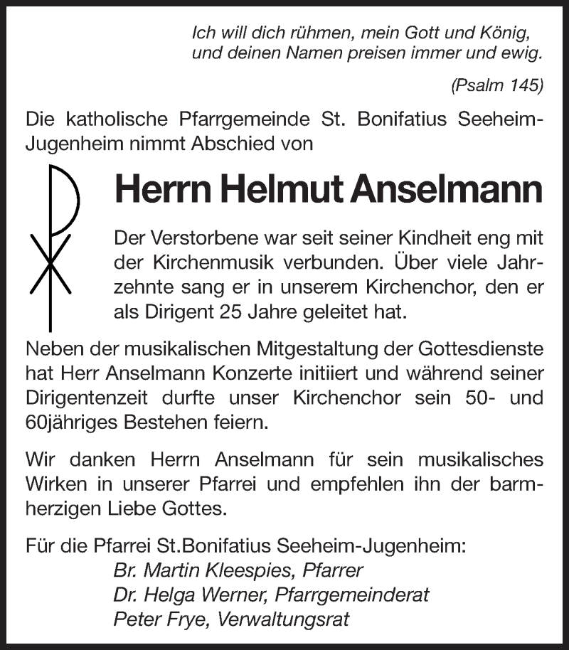  Traueranzeige für Helmut Anselmann vom 21.06.2014 aus Echo-Zeitungen (Gesamtausgabe)