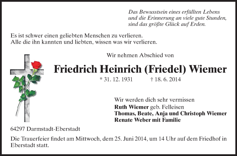  Traueranzeige für Friedrich Heinrich Wiemer vom 23.06.2014 aus Echo-Zeitungen (Gesamtausgabe)