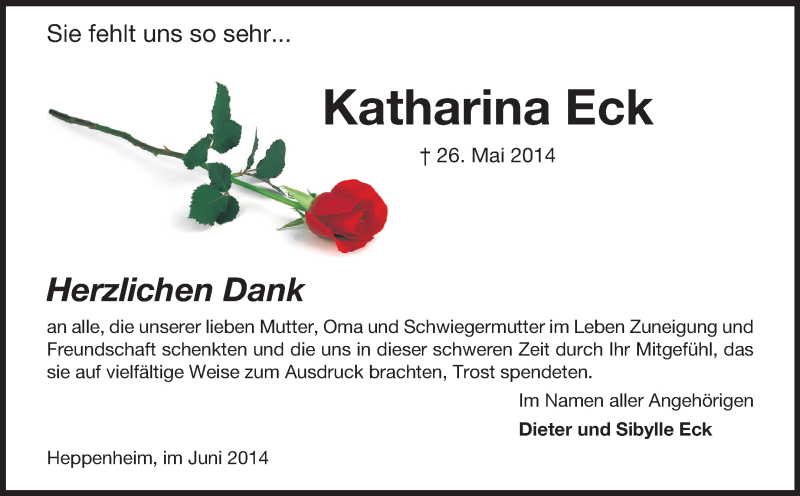  Traueranzeige für Katharina Eck vom 28.06.2014 aus Starkenburger Echo