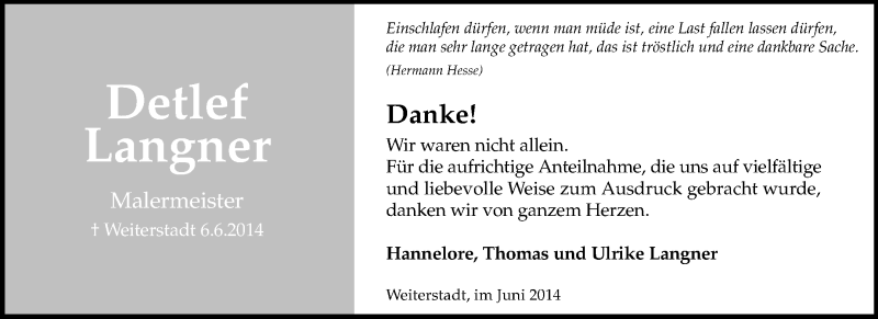  Traueranzeige für Detlef Langner vom 28.06.2014 aus Echo-Zeitungen (Gesamtausgabe)