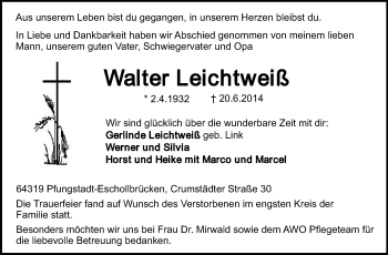 Traueranzeige von Walter Leichtweiß von Echo-Zeitungen (Gesamtausgabe)