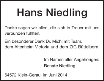 Traueranzeige von Hans Niedling von Rüsselsheimer Echo, Groß-Gerauer-Echo, Ried Echo