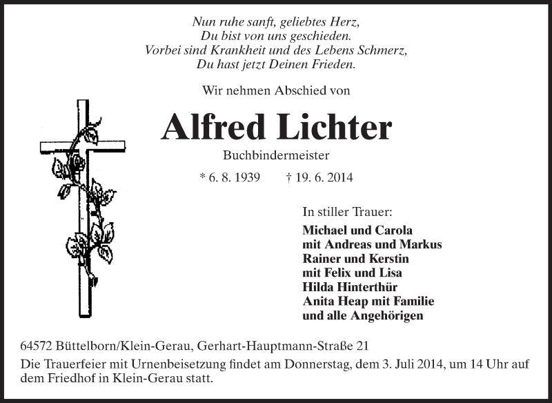  Traueranzeige für Alfred Lichter vom 28.06.2014 aus Rüsselsheimer Echo, Groß-Gerauer-Echo, Ried Echo