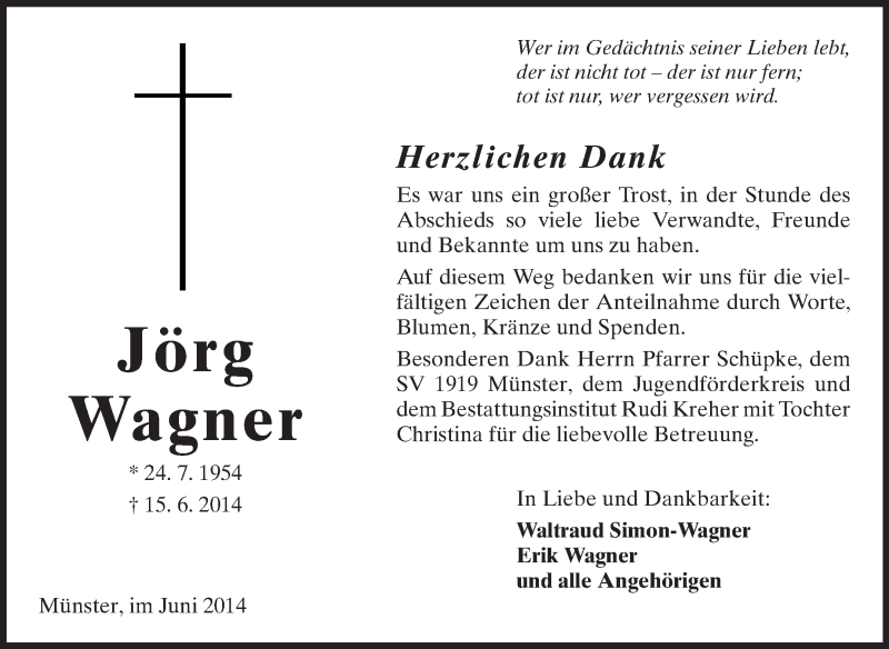  Traueranzeige für Jörg Wagner vom 26.06.2014 aus Echo-Zeitungen (Gesamtausgabe)