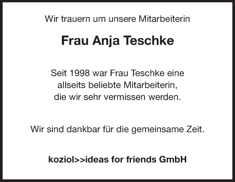  Traueranzeige für Anja Teschke vom 25.06.2014 aus Odenwälder Echo