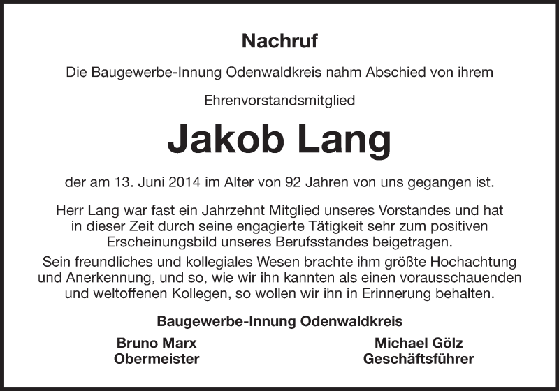  Traueranzeige für Jakob Lang vom 25.06.2014 aus Odenwälder Echo