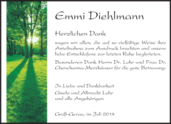 Traueranzeige von Emmi Diehlmann von Rüsselsheimer Echo, Groß-Gerauer-Echo, Ried Echo