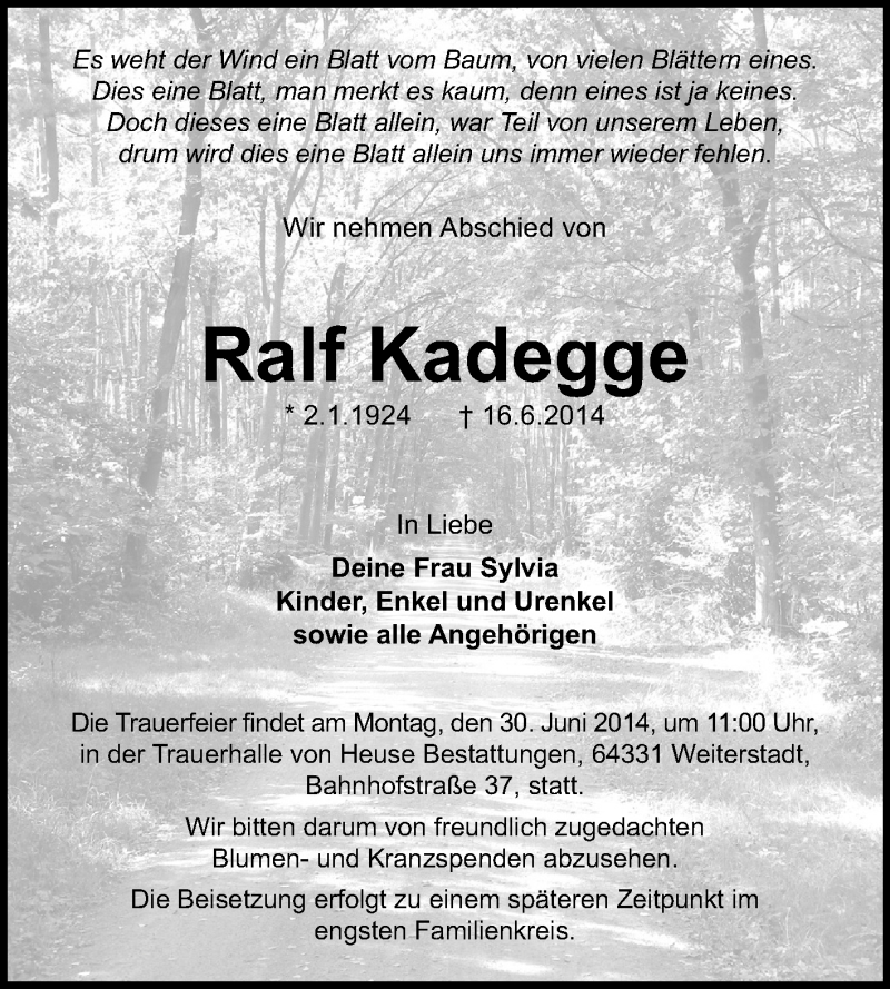  Traueranzeige für Ralf Kadegge vom 25.06.2014 aus Echo-Zeitungen (Gesamtausgabe)