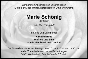 Traueranzeige von Marie Schönig von Echo-Zeitungen (Gesamtausgabe)