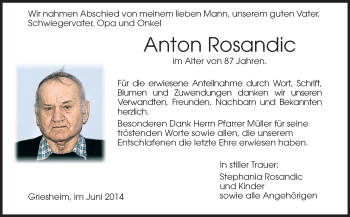 Traueranzeige von Anton Rosandic von Echo-Zeitungen (Gesamtausgabe)